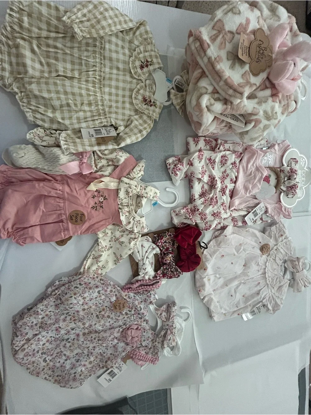 NWT Baby Essentials Girls 20-Piece Lot 6 Mon Dresses Blanket Headbands Outfits